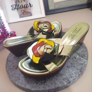 Donald J Pliner GRAM Wedge Sandals Metallic Green & Bronze Sz. 9
